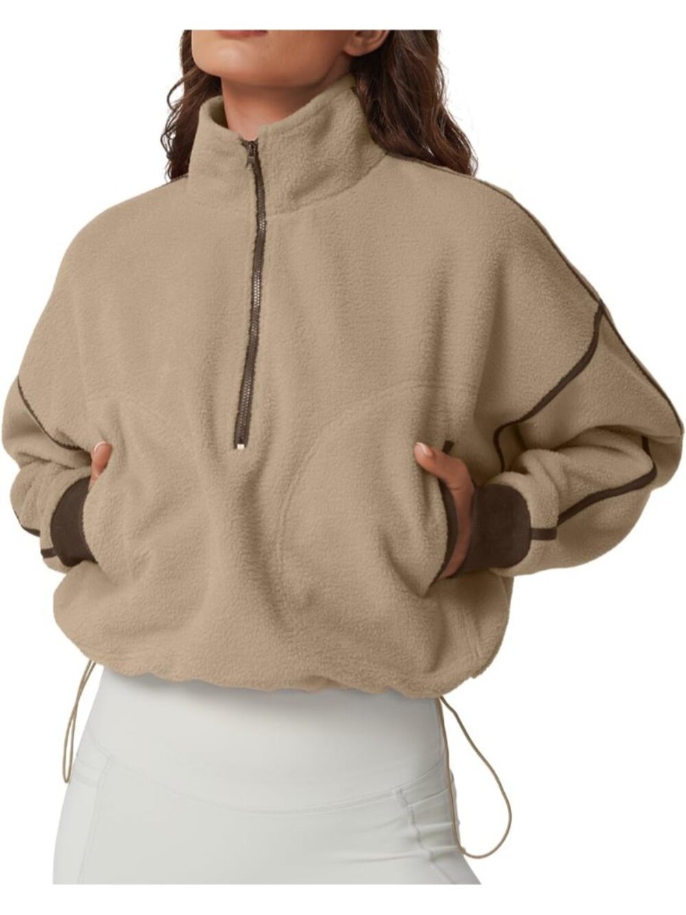 Womens Khaki Fleece Half-Zip Cropped Teddy Drawstring Hem Cozy Sherpa Sweatshirt